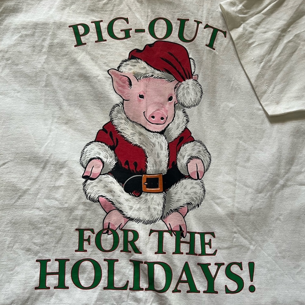 NWT Vintage 1990s Rare Brand Pig Out Xmas  Joe Boxer OS White Single Stitch Tee